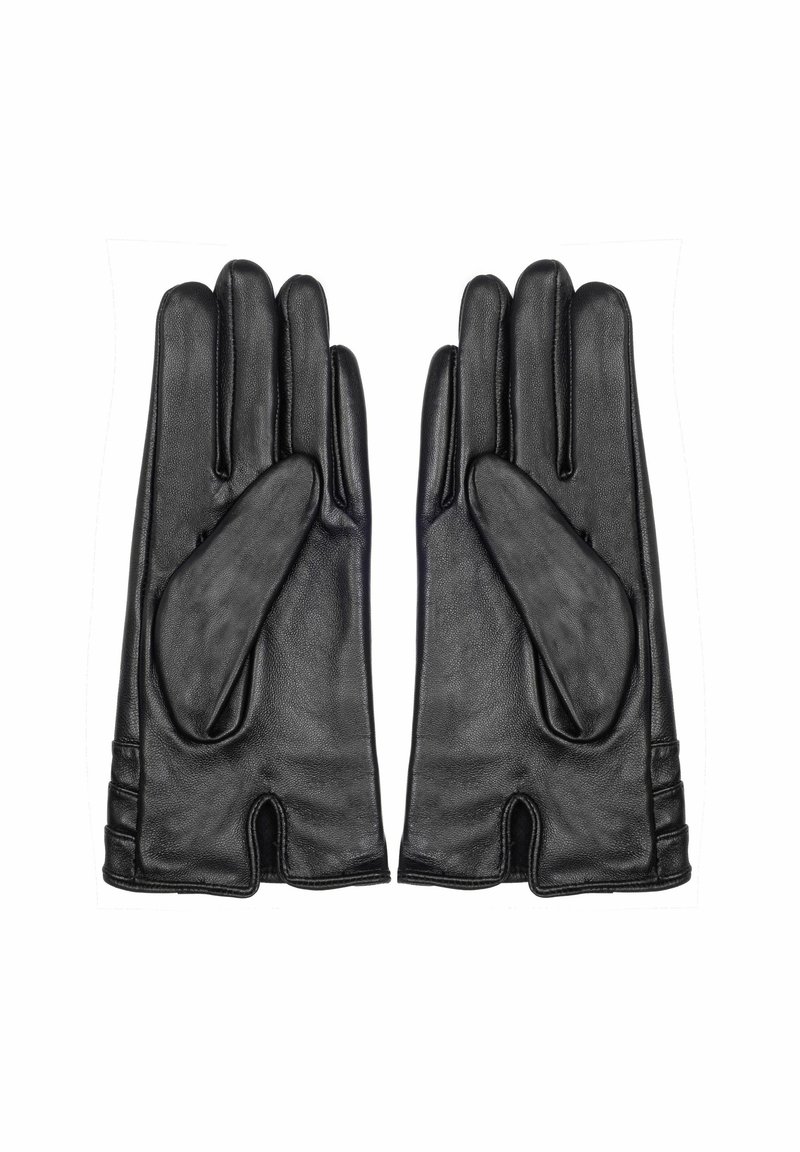 Czarne skórzane rękawiczki o gładkiej fakturze, z rozdzielonym wzorem przy nadgarstku i dyskretnymi detalami w szwie dla wyszukanego wykończenia.