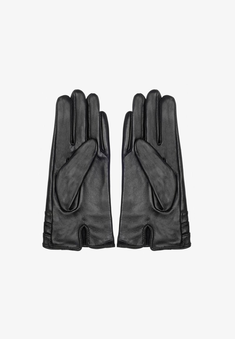 Czarne skórzane rękawiczki o gładkiej fakturze, z rozdzielonym wzorem przy nadgarstku i dyskretnymi detalami w szwie dla wyszukanego wykończenia.