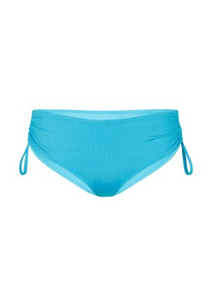 Costume da bagno blu brillante con fianchi arricciati regolabili e laccetti su sfondo bianco.