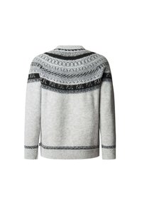 Pull en tricot gris avec un empiècement en motif noir et gris clair, avec des poignets et un ourlet côtelés. Coupe classique, texture douce.