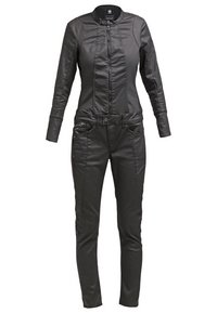 Combinaison en cuir noir ajustée avec manches longues, fermeture éclair à l'avant, passants pour ceinture et multiples poches.
