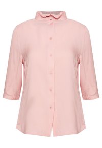 Light pink button-up shirt featuring a textured fabric, 3/4 length sleeves, and a small standing collar.