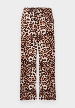 Calças com padrão de leopardo e corte descontraído, apresentando uma cintura elástica, feitas de um tecido suave com uma textura lisa.