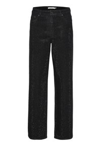 Jeans de mezclilla negra con un diseño de pierna ancha, que presenta un patrón perforado en toda su superficie y un estilo clásico de cinco bolsillos.