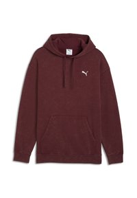 Bordeaux hoodie van zacht materiaal, met een voorzak, geribbelde manchetten en een wit Puma-logo op de borst. Klassiek ontwerp met een capuchon met trekkoord.