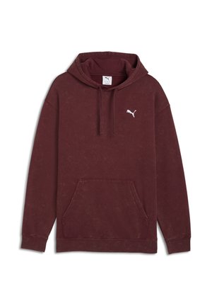 Bordeaux hoodie lavet af blødt stof, med en frontlomme, ribbede manchetter og et hvidt Puma-logo på brystet. Klassisk design med hætte og snøring.