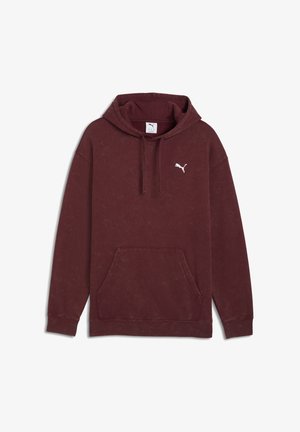 Burgundy hoodie made of soft fabric, featuring a front pocket, ribbed cuffs, and a white Puma logo on the chest. Classic design with a drawstring hood.