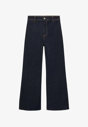 Tummansinisiä leveälahkeisia farkkuja, joissa on korkea vyötärö, vetoketjukiinnitys ja kuluneet helmat. Ei näkyviä kuvioita tai koristeita.