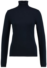 Polotröja i mörk marinblå. Långa ärmar, ribbad krage och nederkant, mjukt stickat tyg, figurnära design.