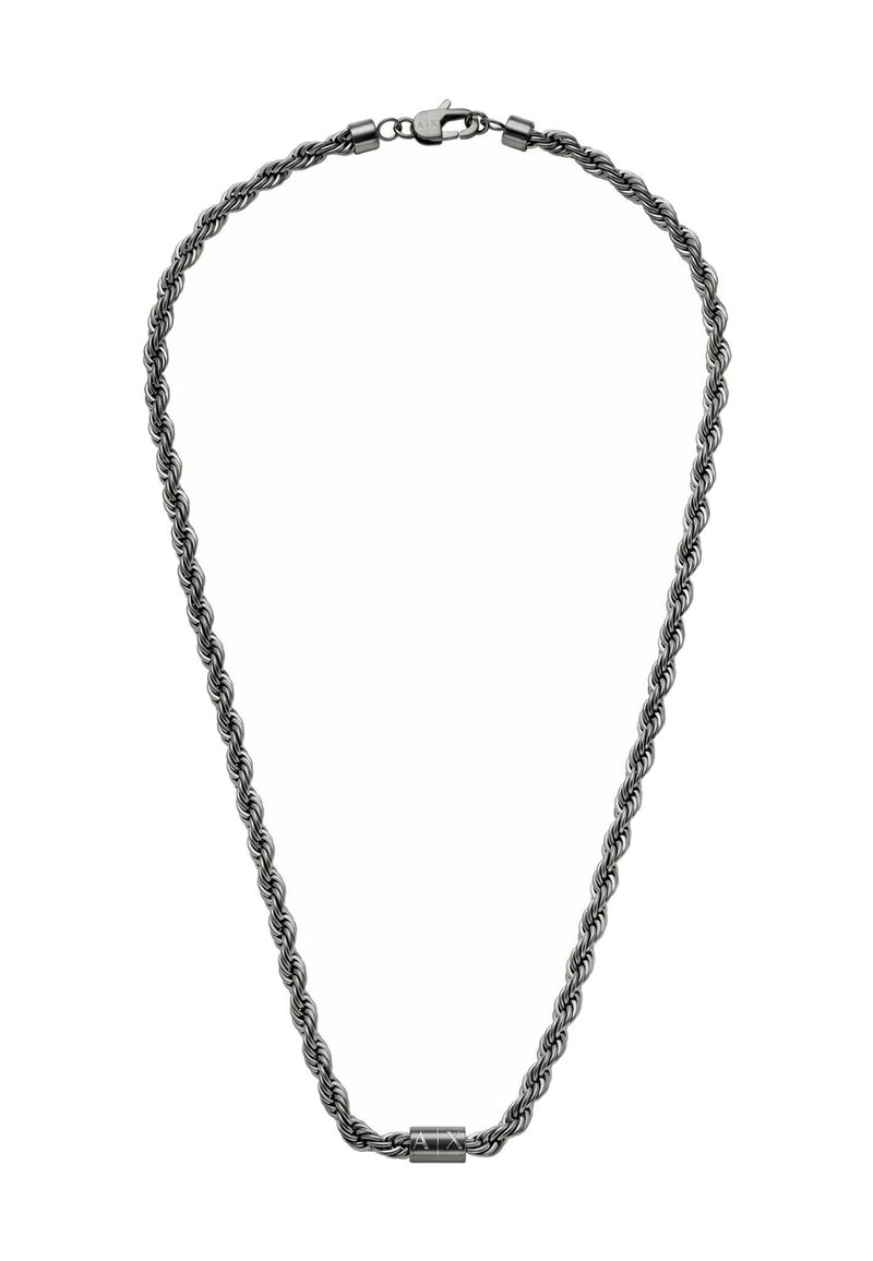 Colar de corrente em tom prateado torcido, com fecho de clasp e um acento cilíndrico na frente, apresentando uma textura suave e acabamento metálico.