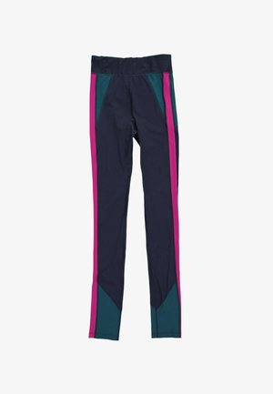 Leggings bleu marine avec une large ceinture élastique, des bandes latérales magenta et des panneaux bleu sarcelle à la taille et aux jambes inférieures.