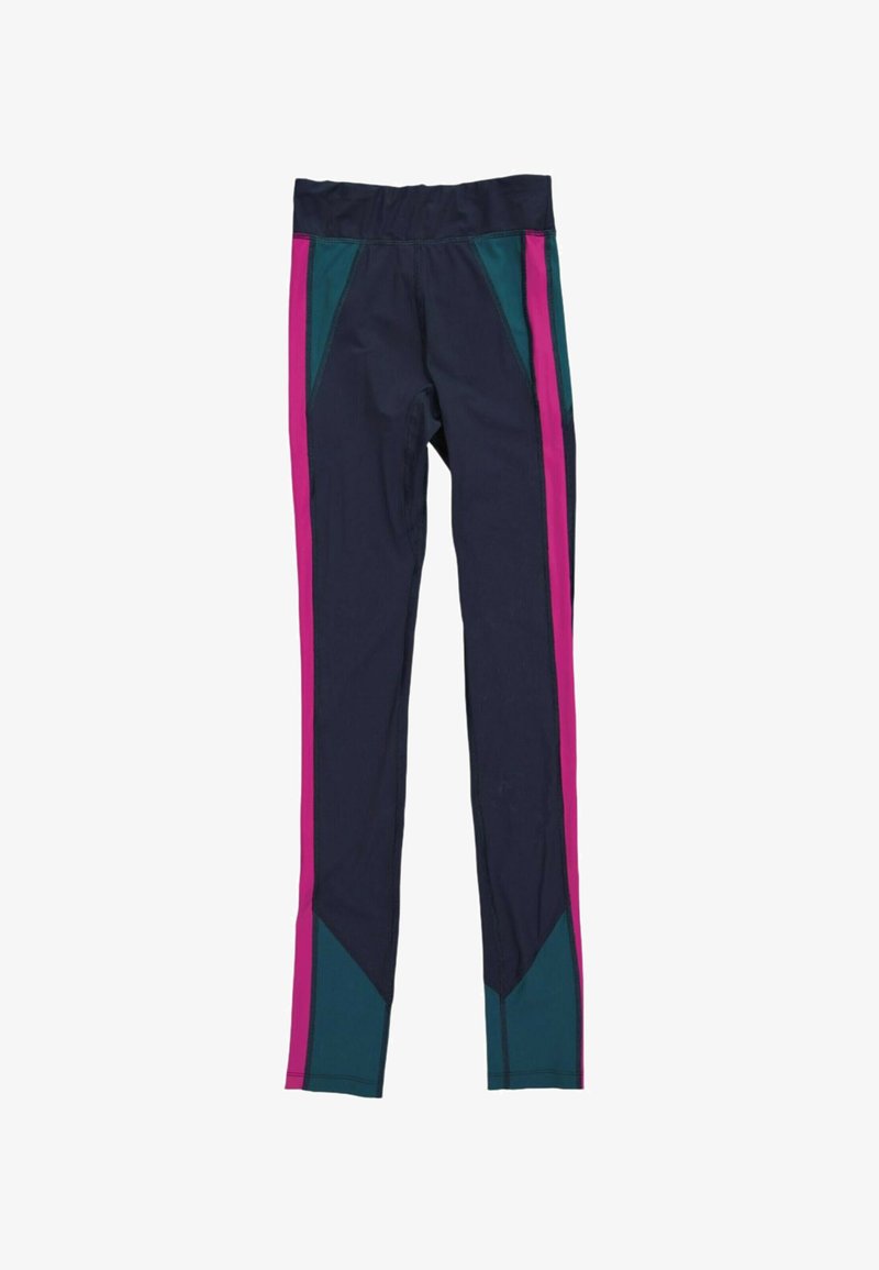 Leggings bleu marine avec une large ceinture élastique, des bandes latérales magenta et des panneaux bleu sarcelle à la taille et aux jambes inférieures.