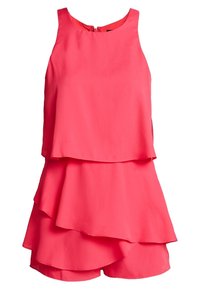 Vestido sin mangas en coral vibrante, que presenta una tela suave y lisa con un escote en forma de llave en la parte posterior y un dobladillo con volantes.