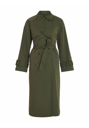 Trench coat verde oliva realizzato in tessuto liscio, con un design doppiopetto, cintura in vita e maniche lunghe con risvolto.