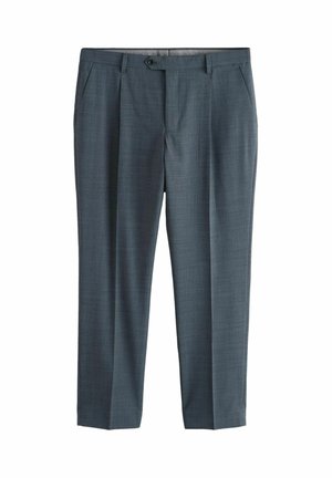 Men’s dark gray tailored dress pants with front button, belt loops, and side pockets, displayed flat on white background.