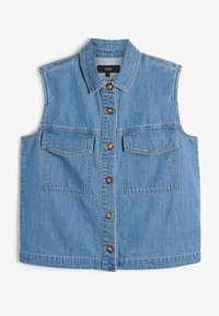 Gilet en denim bleu clair avec une fermeture à boutons sur le devant, un col pointu et deux poches plaquées à l'avant. Présente un design et une texture classiques.