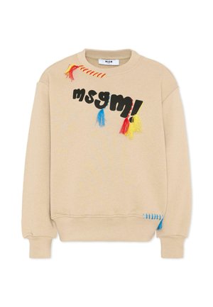 Felpa beige con scollo rotondo con testo nero "msgm!", caratterizzata da nappine rosse, gialle e blu e dettagli cuciti su collo e orlo.