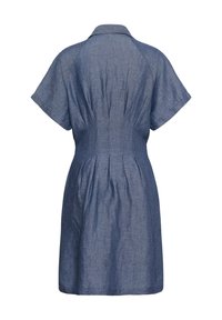 Robe courte à manches courtes bleue avec une taille haute, des détails plissés à l'arrière et un col pointu.