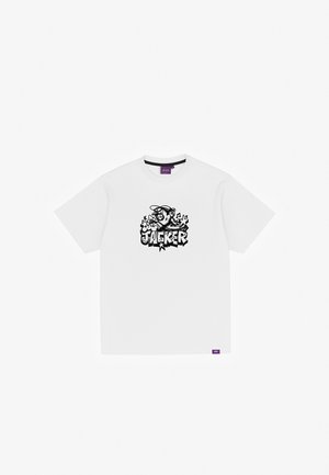 White cotton T-shirt with a graphic print featuring "JACKER" in bold black lettering and an illustrated character. Crew neckline, short sleeves.