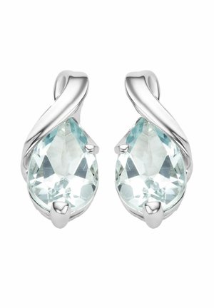 Srebrne naušnice s prozirnim svijetloplavim dragim kamenjem u obliku kruške, postavljenim u uvijene nastavke.