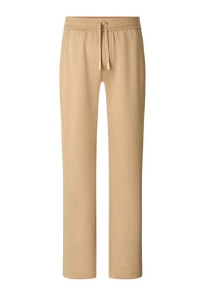Pantalon beige à jambes droites avec taille élastique et cordon de serrage frontal, conçu pour un usage décontracté.