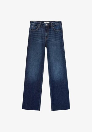 Blugi ample din denim albastru închis, cu talie înaltă, design clasic cu cinci buzunare și o ușoară estompare la coapse.