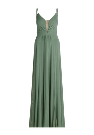 Lungo abito verde salvia con spalline sottili, scollatura a V profonda, corpetto arricciato e gonna plissettata fluente.