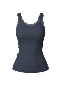Ciemnogranatowa koszulka na cienkich ramiączkach z koronkowym wykończeniem przy dekolcie i ramiączkach, dopasowany fason, gładka faktura oraz boczne rozcięcia dla swobody ruchów.
