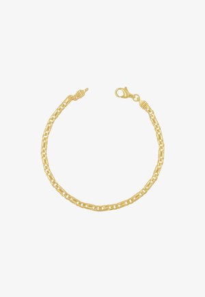 Bracciale in oro con maglie intrecciate. Caratterizzato da un gancio a moschettone e una superficie liscia e lucida. Design leggero e minimalista.