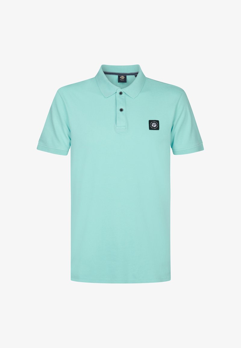 Světle tyrkysová bavlněná polo košile s límečkem, třemi knoflíky a černým čtvercovým logem na levé straně hrudi. Krátké rukávy, volný střih.