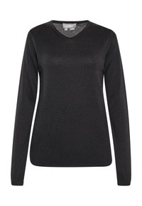 Pulover negru cu mânecă lungă și decolteu în V, confecționat dintr-un material texturat. Prezintă un design ajustat cu margini ribbate și o finisare netedă. Fără modele sau accente vizibile.