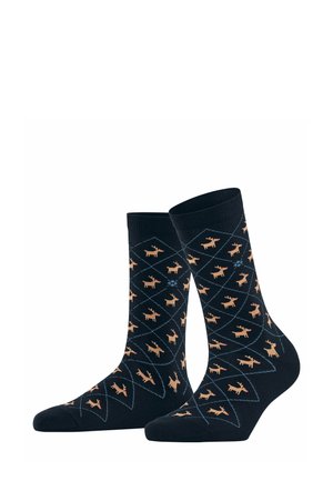 Marineblaue Socken mit einem Rautenmuster, das hellbraune Elchdesigns zeigt, mit gerippten Bündchen sowie verstärkten Zehen und Fersen für Langlebigkeit.