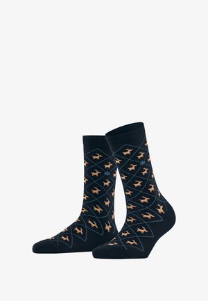 Navy socks with a diamond pattern featuring light brown moose designs, ribbed cuffs, and reinforced toes and heels for durability.