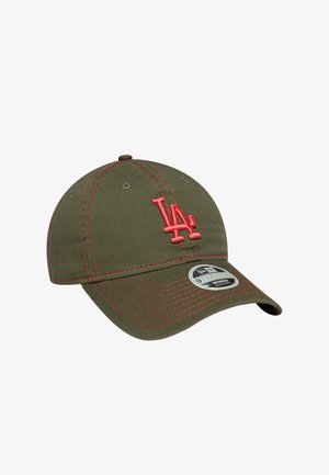 Olive green cap with a curved visor, red stitching, and "LA" embroidered logo on the front. Features a branded tag on the visor.