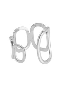 Silberner verstellbarer Ring mit schlichten, miteinander verbundenen Formen, die glatte, polierte Oberflächen und unterschiedliche geometrische Designs aufweisen.