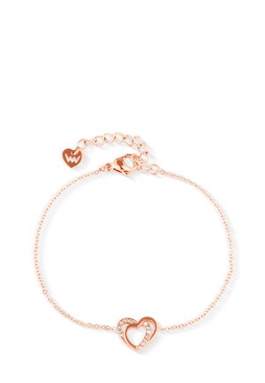 Náhrdelník z růžového zlata s designem propojených dvojitých srdcí ozdobený malými průhlednými krystaly, zakončený karabinou a prodloužením řetízku.