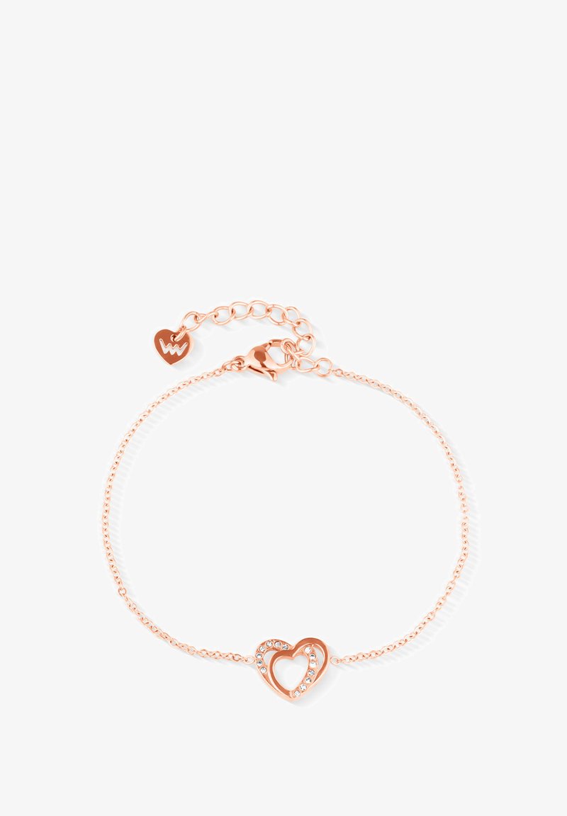 Armband aus Roségold mit einem doppelt verbundenen Herzdesign, verziert mit kleinen klaren Kristallen, abgeschlossen mit einem Karabinerverschluss und Verlängerungskette.