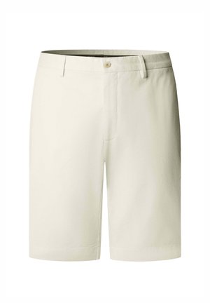 Bež bermude za muškarce do koljena s gumbom za zatvaranje, petljama za remen i krojenim pristajanjem.