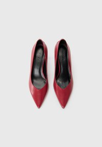 Red leather high-heeled shoes with a pointed toe design and a smooth finish. The interior features a black lining and embossed branding.