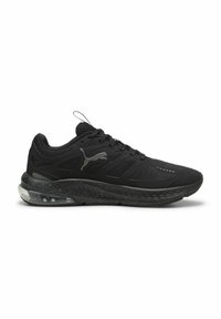 Czarne buty sportowe z siateczkową cholewką i syntetycznymi akcentami. Posiadają amortyzowaną podeszwę z przezroczystą sekcją i teksturowanym bieżnikiem.