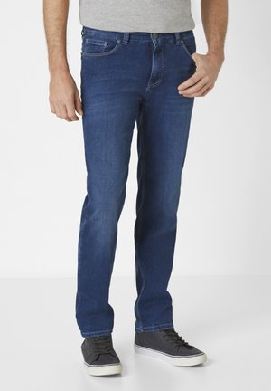 Denim jeans in a dark blue hue with a straight leg design. Features include front pockets, belt loops, and contrasting stitching.