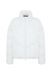 Giacca a vento bianca con collo alto, caratterizzata da una chiusura con zip e un motivo trapuntato. Texture liscia, con due tasche laterali e polsini elasticizzati.