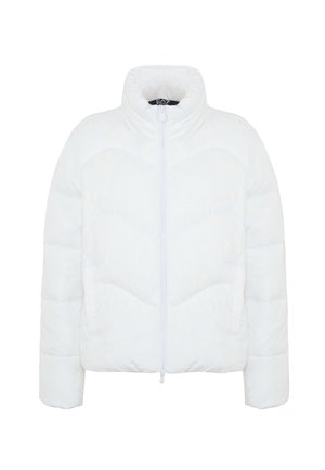 Chaqueta de plumas blanca con cuello alto, con cierre de cremallera en el frente y patrón acolchado. Textura suave, con dos bolsillos laterales y puños elásticos.