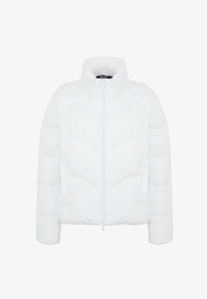 Hvid pufferjakke med høj krave, med lynlås fortil og quiltet mønster. Glat tekstur, med to sidelommer og elastiske manchetter.