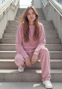 Helles rosa Baumwoll-Loungewear-Set mit einem Langarmoberteil und passenden Hosen. Modell sitzt auf Betonstufen und trägt weiße Sneakers.