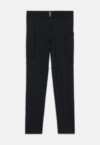Sorte leggings med en glatt tekstur, som har en bred midjebånd og to sidelommer. Enkelt, tett design uten mønstre eller pynt.