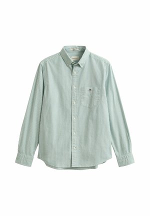 Light blue and white vertically striped long-sleeve button-up shirt with chest pocket and button-down collar.