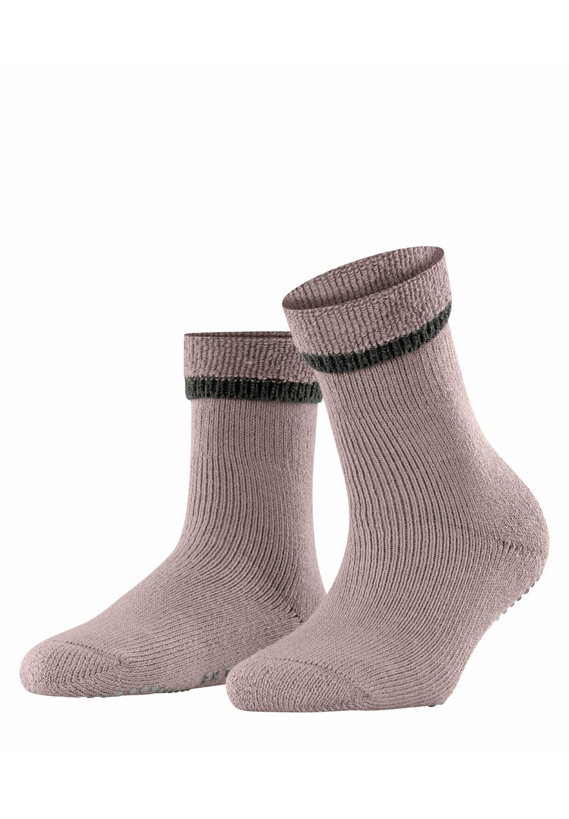 Helllila Socken mit geripptem Muster und einem schwarzen Streifen am Bund. Mit rutschfesten Punkten an den Sohlen für zusätzlichen Halt.