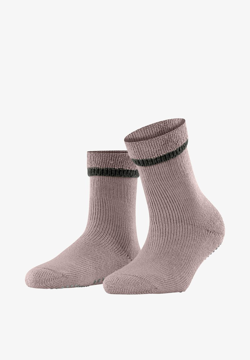 Helllila Socken mit geripptem Muster und einem schwarzen Streifen am Bund. Mit rutschfesten Punkten an den Sohlen für zusätzlichen Halt.