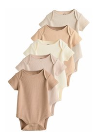 Set aus fünf kurzärmeligen Bodysuits aus Rippstoff. Die Farben umfassen Beige, Hellbraun, Creme, Elfenbein und Blassrosa. Druckknopfverschluss im Schritt.